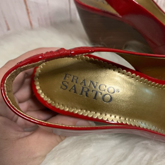 Red Patent Leather Peep Toe Slingback Wedges { Franco Sarto } - Picture 8 of 11